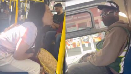 Asian woman barks at Black man on San Fransisco bus.