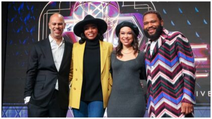 (L-R) Executive producers Jesse Collins, Dionne Harmon, Jeannae Rouzan-Clay, and host Anthony Anderson at the 75th Primetime Emmys.