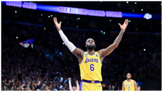 LOS ANGELES, CA - APRIL 29: LeBron James celebrates after a shot to become the all-time NBA scoring leader, passing Kareem Abdul-Jabbar at 38388 points during the third quarter against the Oklahoma City Thunder at Crypto.com Arena on Tuesday, Feb. 7, 2023 in Los Angeles, CA. *Wally Skalij / Los Angeles Times via Getty Images)