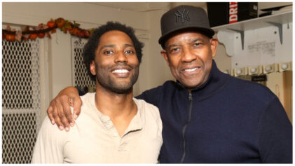 NEW YORK, NEW YORK - NOVEMBER 18: (EXCLUSIVE COVERAGE) John David Washington and father Denzel Washington pose backstage at the play "The Piano Lesson" on Broadway at The Barrymore Theater on November 18, 2022 in New York City. (Photo by Bruce Glikas/WireImage)
