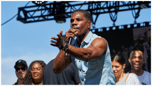 LOS ANGELES, CALIFORNIA - JULY 25: Kirk Franklin performs at The Skid Row Revitalization Project street festival on July 25, 2022 in Los Angeles, California. (Photo by Unique Nicole/Getty Images)