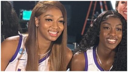 Angel Reese (L) stands on business about her "My Status" post following criticism about her not helping Flau'jae Johnson (R) during SEC championship game fight.