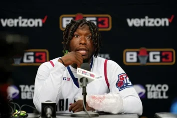 DALLAS, TEXAS - JULY 31: Nate Robinson #2 of Tri State speaks to the media after beating 3's Company 50-45 during BIG3 - Week Four at the American Airlines Center on July 31, 2021 in Dallas, Texas. (Photo by Cooper Neill/Getty Images for BIG3)