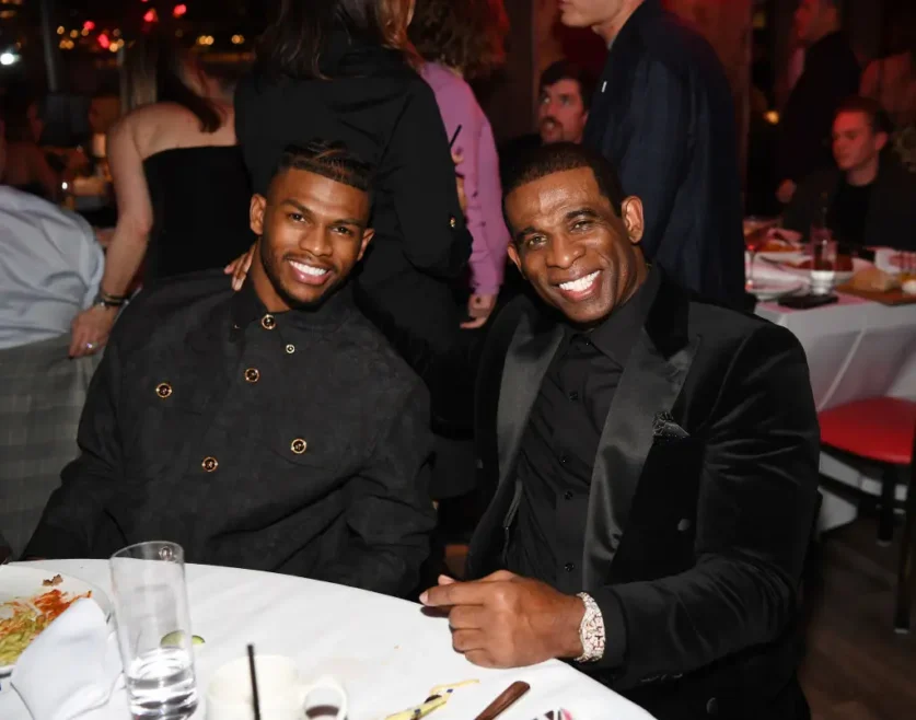 LAS VEGAS, NEVADA - FEBRUARY 08: Shilo Sanders and Deion Sanders attend RAO's Gridiron Club Prime Night Hosted By Deion Sanders at Paris Las Vegas on February 08, 2024 in Las Vegas, Nevada. (Photo by Denise Truscello/Getty Images for RAO's )