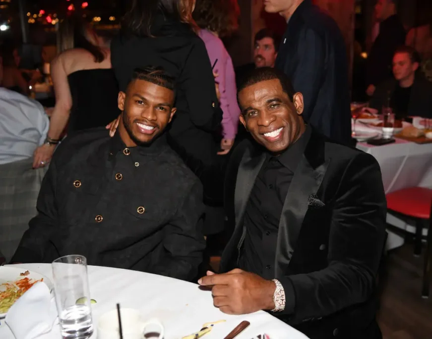 LAS VEGAS, NEVADA – FEBRUARY 08: Shilo Sanders and Deion Sanders attend the RAO Gridiron Club Prime Night hosted by Deion Sanders in Paris at Las Vegas on February 8, 2024 in Las Vegas, Nevada.  (Photo by Denise Truscello/Getty Images for RAO's)