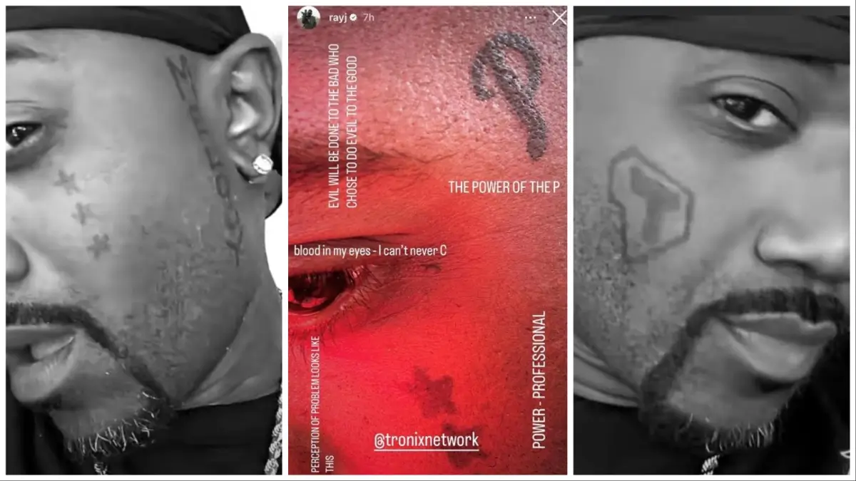 Ray J debuts his new face tattoos and some concerning messages to match.