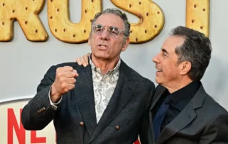 US actors Jerry Seinfeld (R) and Michael Richards attend Netflix's "Unfrosted" premiere at the Egyptian Theatre in Los Angeles, California on April 30, 2024. (Photo by Frederic J. BROWN / AFP) (Photo by FREDERIC J. BROWN/AFP via Getty Images)