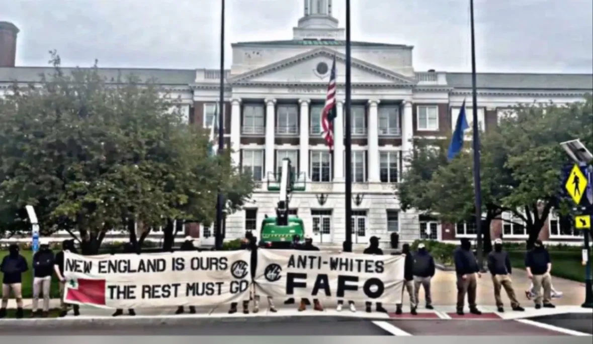 A group of white supremacists protests against a viral fight against a white teenager