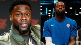 Philadelphia native and 76ers fan Kevin Hart (left) didn’t take very long to unload a barrage of humorous jabs at New York Knicks forward Julius Randle (right).