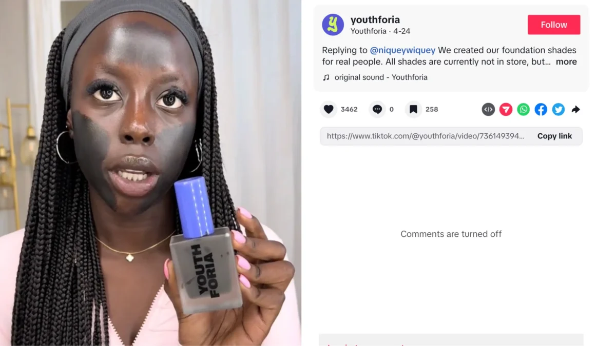 Makeup brand forced to disable social media comments following controversy over creating a foundation shade resembling blackface (Image: golloria/TikTok; Youthforia/TikTok)