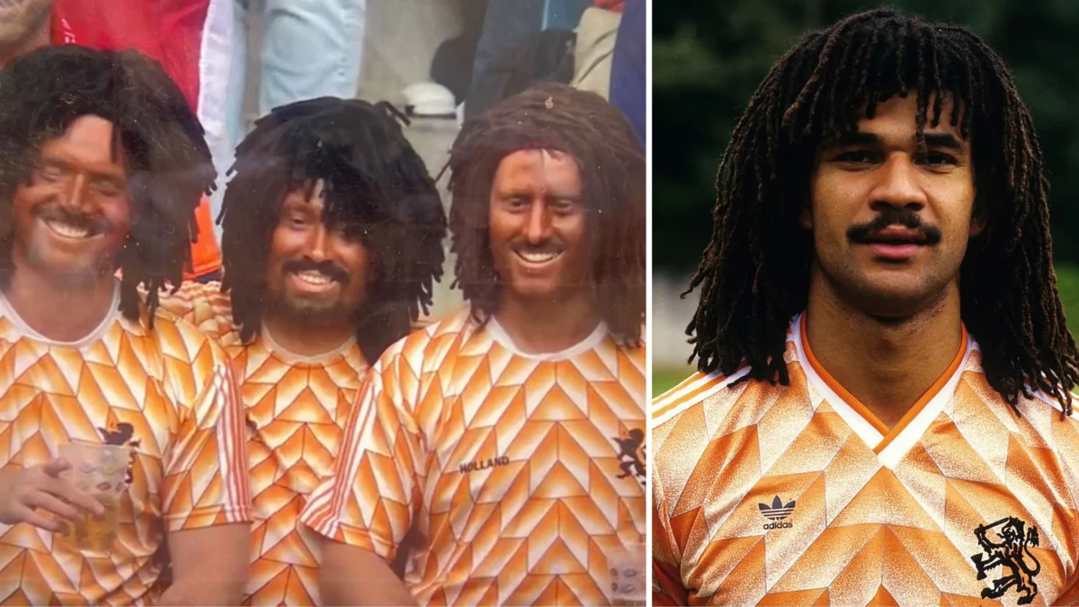 Netherlands Soccer Fans (L) Slammed for Wearing Blackface to Honor Soccer Legend Ruud Gullit (R) During the Euro 2024 Match