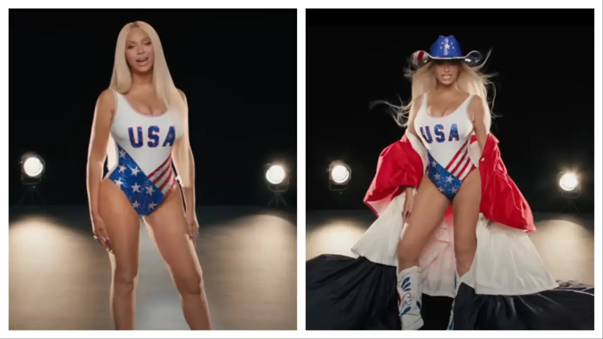 Beyoncé fans slam critics accusing the singer of lightening her skin to look like a white girl in 2024 Paris Olympics video. Photos: NBC Sports/YouTube.