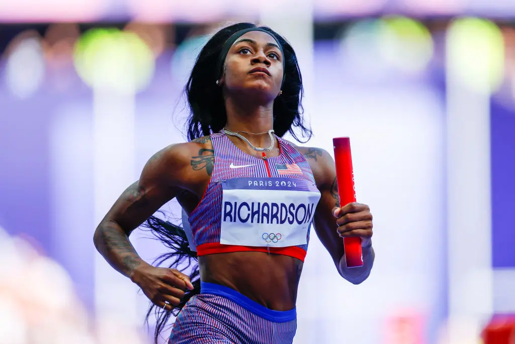 PARIS, FRANCE - AUGUST 08: Sha’Carri Richardson of United States competes during Women's 4 x 100m Relay Round 1 of the Athletics on Stade de France during the Paris 2024 Olympics Games on August 8, 2024 in Paris, France. (Photo By Manu Reino/Europa Press via Getty Images)
