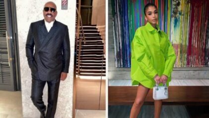 Steve Harvey is all smiles after running into Lori Harvey's ex Michael B. Jordan at a basketball game in Abu Dhabi.