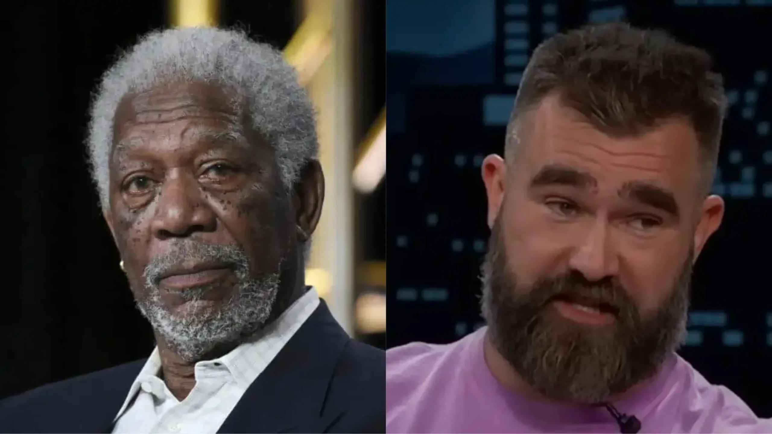 Morgan Freeman Dragged Into Jason Kelce’s Dramatic Showdown with Irate Fan Over an Autograph (Photos: Richard Shotwell/Invision/AP, File; Jimmy Kimmel Live/YouTube)