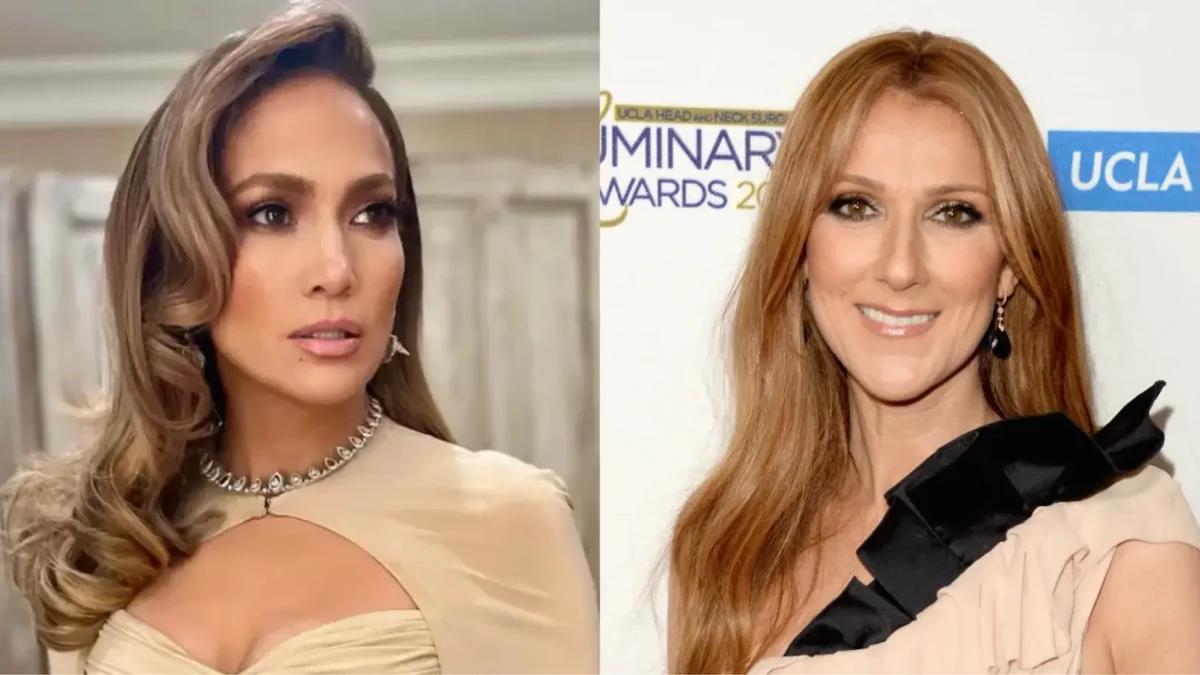 Jennifer Lopez in a Celine Dion look, which made fans believe that there was hidden tension between the two divas (photos: @jlo/Instagram; Jason Merritt/Getty Images for the Department of Head and Neck Surgery, University of California, Los Angeles)