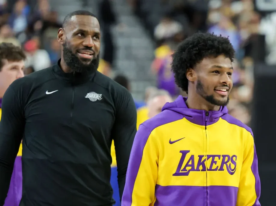 LAS VEGAS, NEVADA - OCTOBER 15: LeBron James (L) #23 and Bronny James #9 of the Los Angeles Lakers warm up before a preseason game against the Golden State Warriors at T-Mobile Arena at T-Mobile Arena on October 15, 2024 in Las Vegas, Nevada. NOTE TO USER: User expressly acknowledges and agrees that, by downloading and or using this photograph, User is consenting to the terms and conditions of the Getty Images License Agreement. (Photo by Ethan Miller/Getty Images)