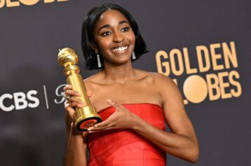 US actress Ayo Edebiri poses with the award for Best Performance by a Female Actor in a Television Series - Musical or Comedy for "The Bear" in the press room during the 81st annual Golden Globe Awards at The Beverly Hilton hotel in Beverly Hills, California, on January 7, 2024. (Photo by Robyn BECK / AFP) (Photo by ROBYN BECK/AFP via Getty Images)