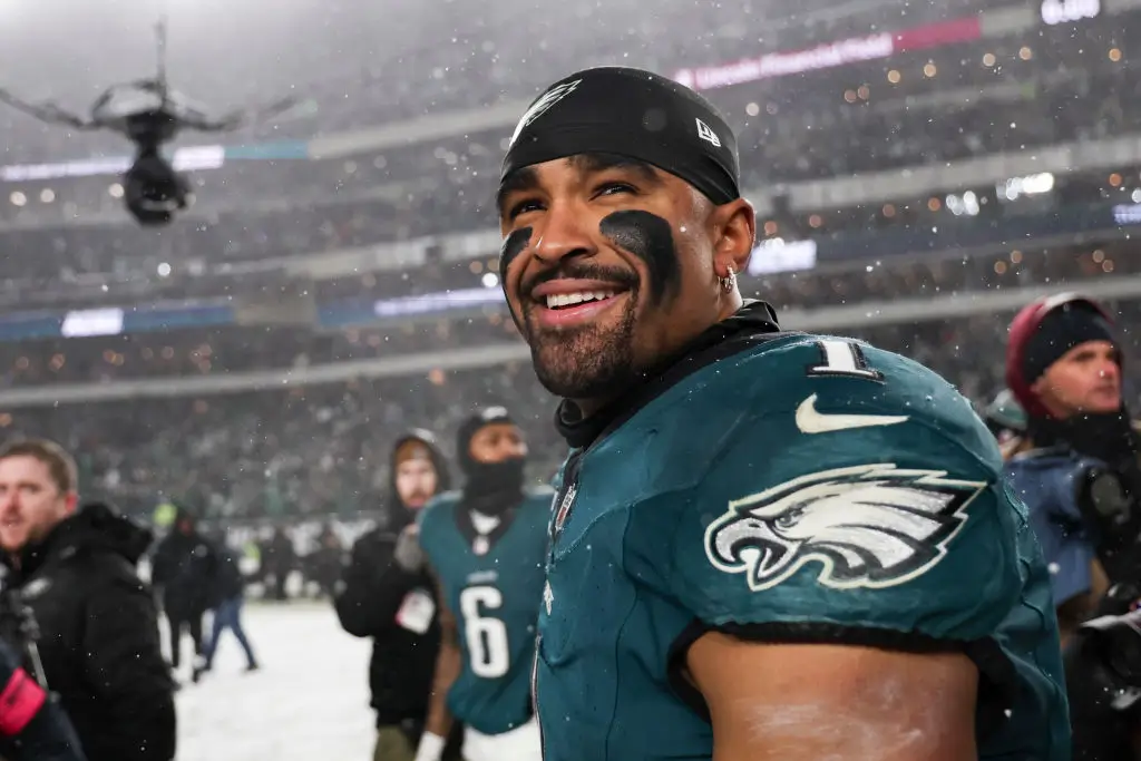 Philadelphia, Pennsylvania - 19 January: Jalen Hurts #1 from Philadelphia Eagles smiles after the Playoff match in the NFC division against Los Angeles Rams at Lincoln Financial Field January 19, 2025 in Philadelphia in Pennsylvania. Eagles defeated Rams 28-22. (Durrette/Getty Images karra)
