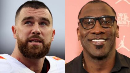 Travis Kelce Reacts After Shannon Sharpe Slams the Media for Crediting Him With Popularizing the ‘Fade’ Haircut (Photo by Maddie Meyer/Getty Images / Kevin Mazur/Getty Images for We The Best Foundation)