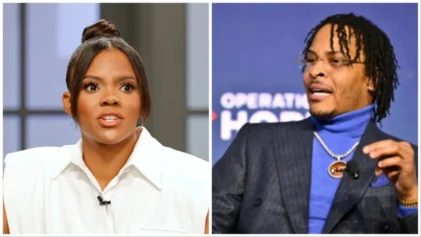 Candace Owens claims T.I. is putting on an act to keep his fanbase from knowing how conservative his political views really are. Seen in image: George Farmer, former President Donald Trump and Candace Owens.
