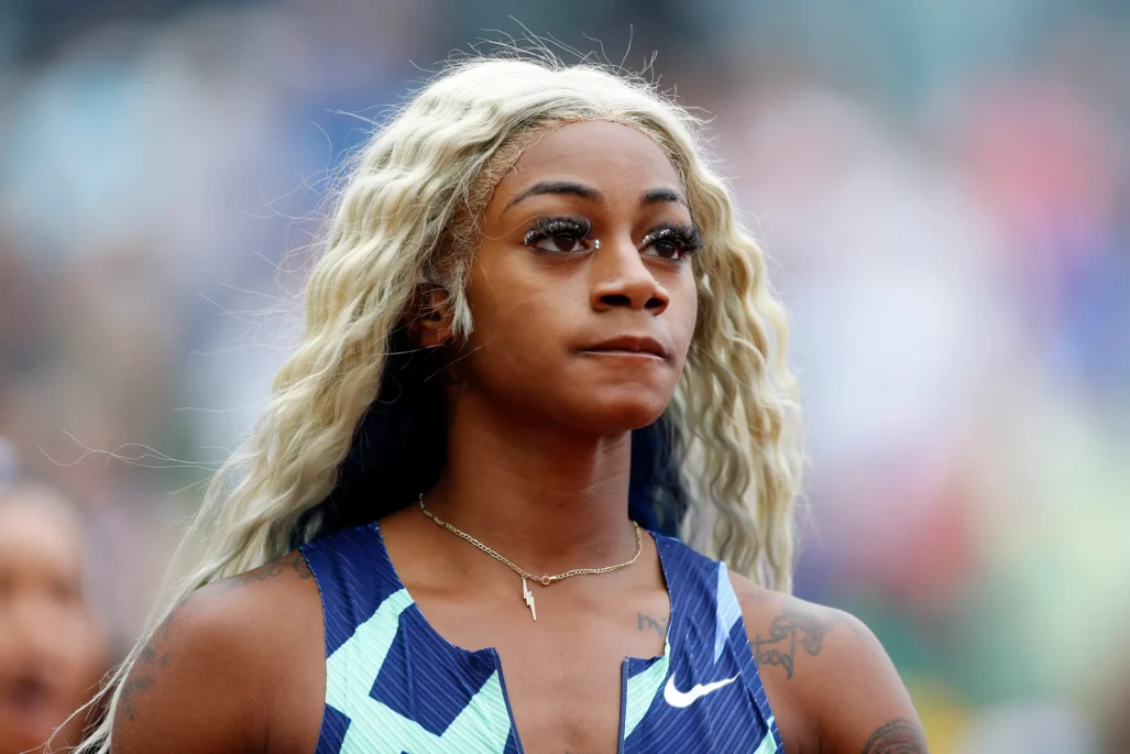 EUGENE, OREGON – AUGUST 21: Sha'Carri Richardson reacts after finishing last in the 100m race during the Wanda Diamond League Prefontaine Classic at Hayward Field on August 21, 2021 in Eugene, Oregon.  (Photo: Jonathan Ferrey/Getty Images)