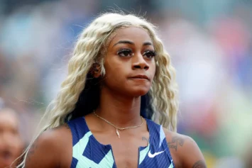 EUGENE, OREGON - AUGUST 21: Sha'Carri Richardson reacts after finishing last in the 100m race during the Wanda Diamond League Prefontaine Classic at Hayward Field on August 21, 2021 in Eugene, Oregon. (Photo by Jonathan Ferrey/Getty Images)