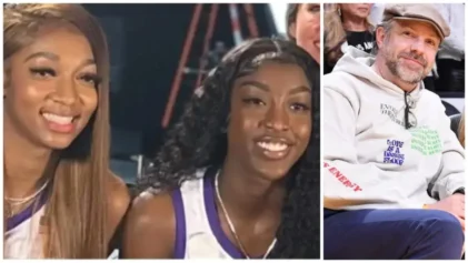 Angel Reese (L) defended by teammate Flau'Jae Johnson (M) following harsh criticism and death threats since winning 2023 NCAA championship while actor Jason Sudeikis (R) uses "I Can't See Me' hand gesture during 2024 game.