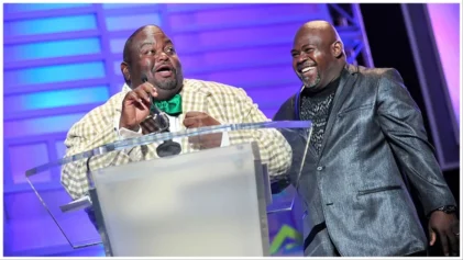 Lavell Crawford (L) and David Mann (R) onstage roast about each other's weight and eating habits leave Steve Harvey, Kirk Franklin and the audience in tears.