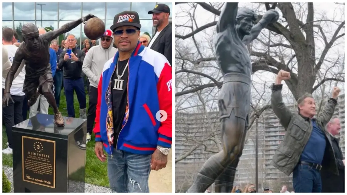 Allen Iverson's (L) Philadelphia statue draws comparisons to the statue of fictional movie character, Rocky Balboa, portrayed by Sylvester Stallone (R). 