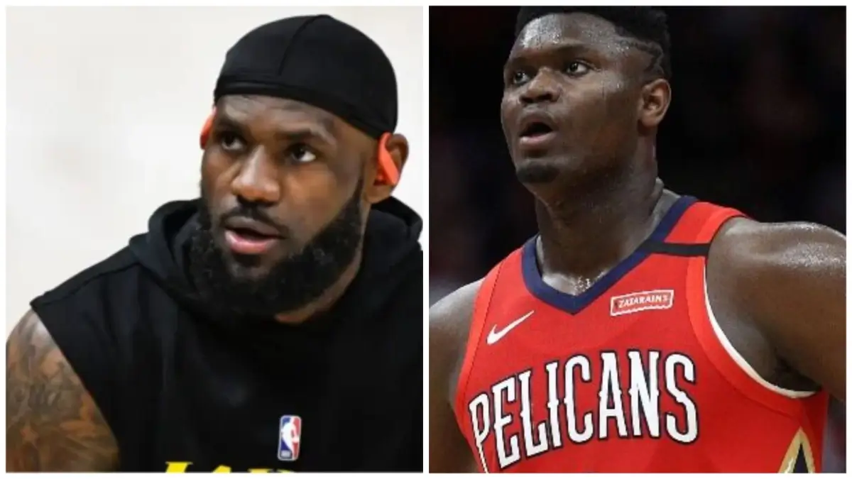 During the game, LeBron James slams Pelicans star Zion Williams.