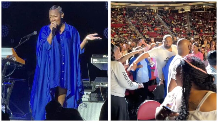 Gospel singer Le'Andria Johnson (L) called out for her "aggressive" security guard (R) after he swatted at an audience member who tried to touch her.