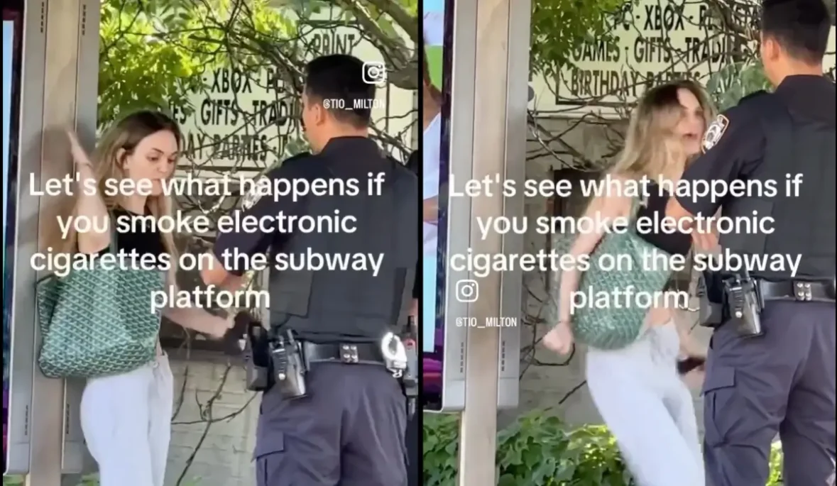 White woman handcuffed after throwing tantrum at NYPD cops who allegedly caught her evading subway fare while puffing on vape inside train station