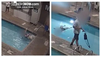 Woman drowning in pool as people walk by