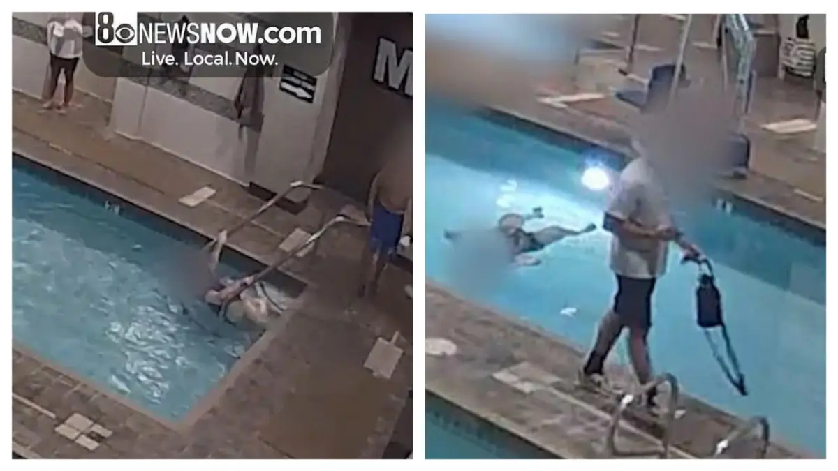 Woman drowning in pool as people walk by