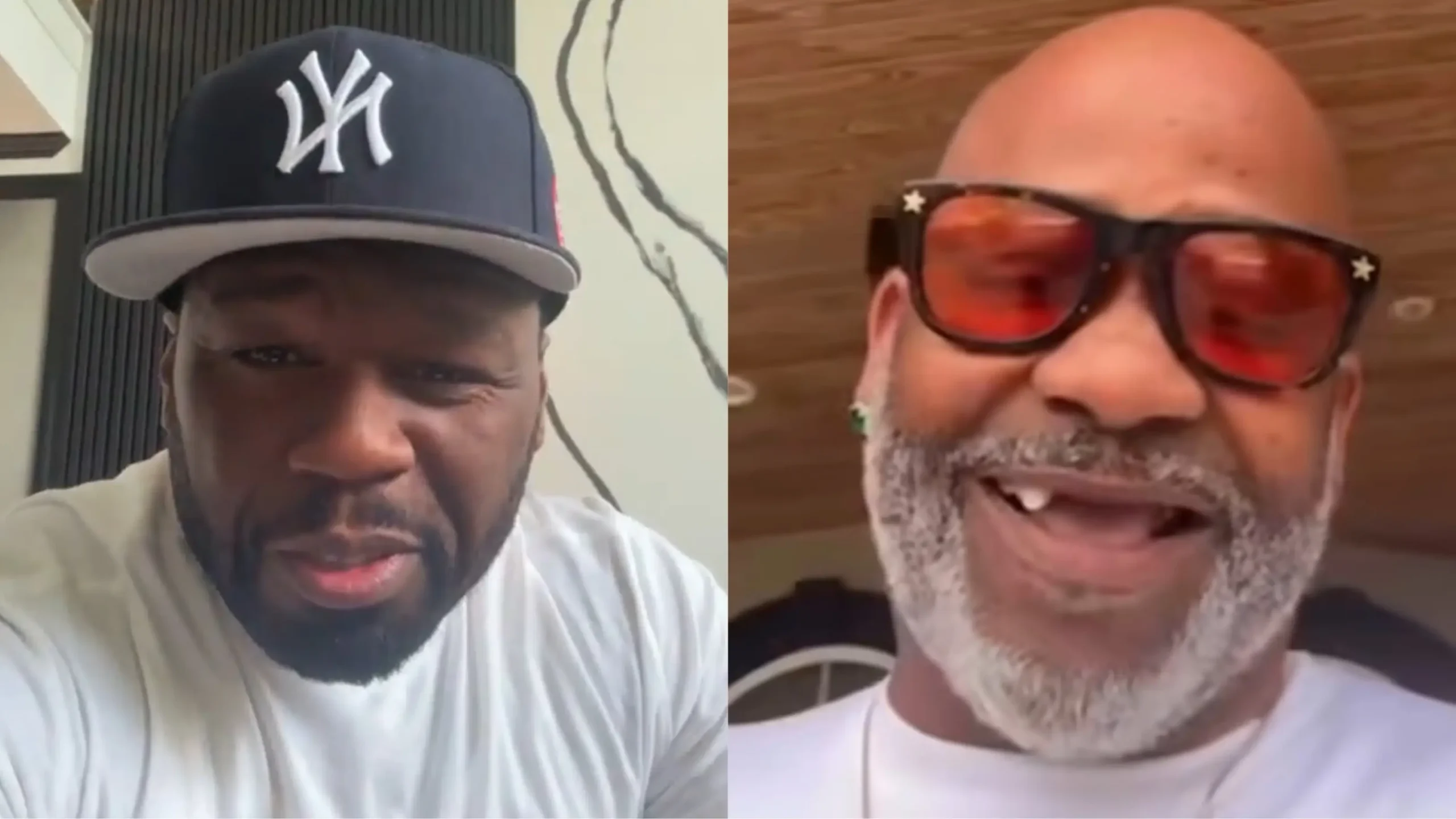 50 Cent and fans mock Dame Dash after his diamond grill falls out of his mouth on Instagram Live. Photos: 50cent/Instagram; Duskopoppington/Instagram