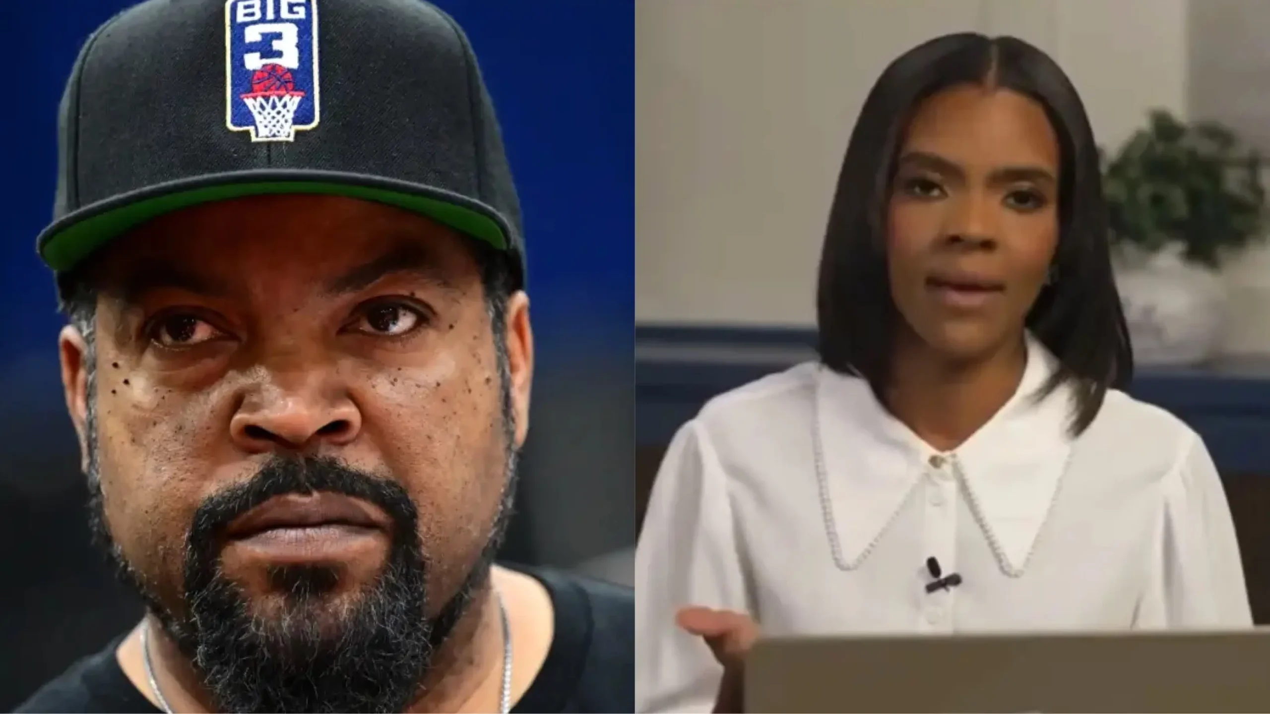 Ice Cube attacks Candace Owens, saying FEDS created gangsta rap (Photos: Quinn Harris/Getty Images for BIG3; Candaceowens/YouTube)
