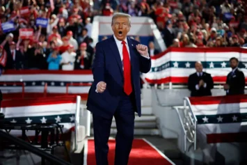 epublican presidential nominee, former President Donald Trump dances off stage at the conclusion of a campaign rally at the J.S. Dorton Arena on November 04, 2024 in Raleigh, North Carolina. With one day left before the general election, Trump is campaigning for re-election in the battleground states of North Carolina, Pennsylvania and Michigan. (Photo by Chip Somodevilla/Getty Images)