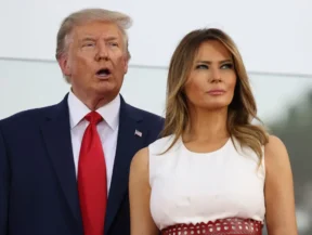 WASHINGTON, DC - JULY 04: President Donald Trump and first Lady Melania Trump participate in an event on the South Lawn of the White House on July 04, 2020 in Washington, DC. President Trump is hosting a "Salute to America" celebration that includes flyovers by military aircraft and a large fireworks display. (Photo by Tasos Katopodis/Getty Images)