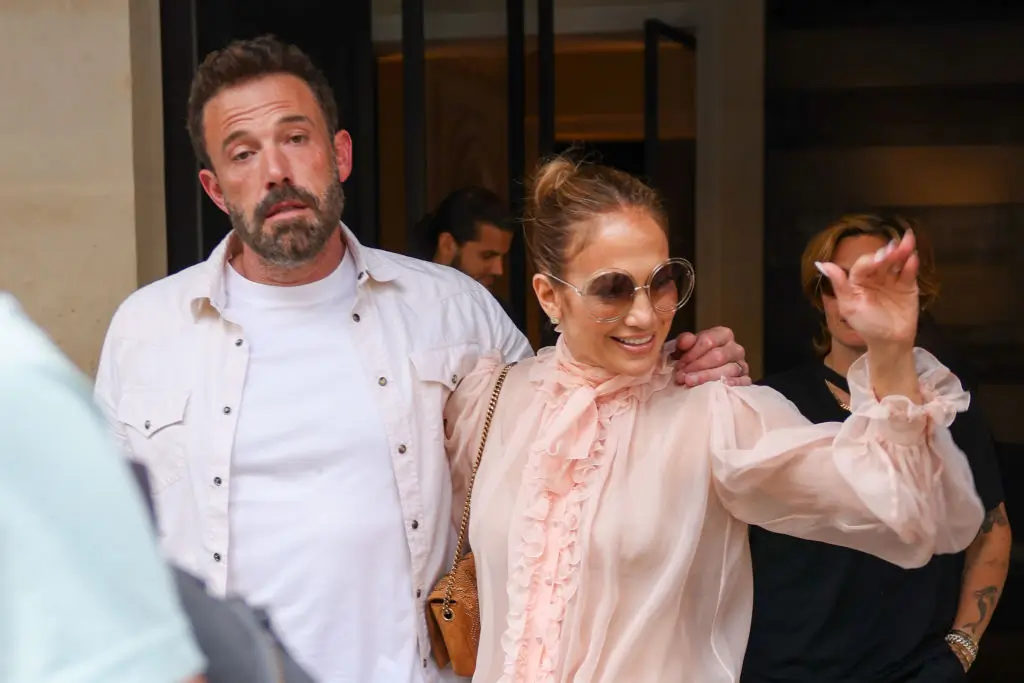 PARIS, FRANCE - JULY 25: Jennifer Lopez and Ben Affleck are seen leaving the Costes Hotel on July 25, 2022 in Paris, France. (Photo by Pierre Suu/GC Images)