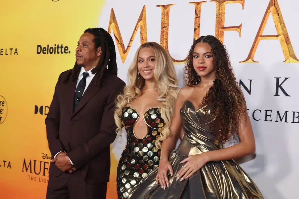 HOLLYWOOD, CALIFORNIA - DECEMBER 09: (L-R) Jay-Z Beyoncé, and Blue Ivy Carter attend the Los Angeles premiere of Disney's "Mufasa: The Lion King" at Dolby Theatre on December 09, 2024 in Hollywood, California. (Photo by Amy Sussman/WireImage)