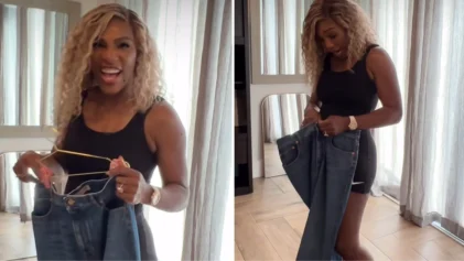 Serena Williams shares a major milestone for herself. She posted a video of her getting into a skirt she bought while pregnant. (Photo: @serenawilliams/Instagram)