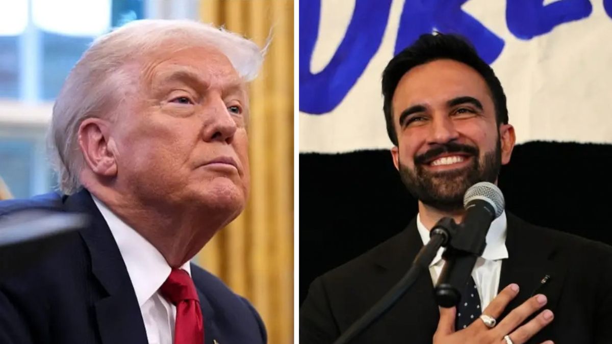 Donald Trump’s appearance with Zohran Mamdani reignited questions about his reported height after the two looked nearly eye-to-eye. (Photo by Andrew Harnik/Getty Images; Michael M. Santiago/Getty Images)