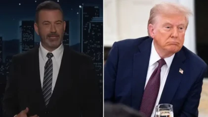 Jimmy Kimmel mocked Donald Trump’s self-anointed leadership of the Kennedy Center, linking plummeting ticket sales to his “everything he touches dies” curse. (Photos: "Jimmy Kimmel Live"/YouTube, Win McNamee/Getty Images)